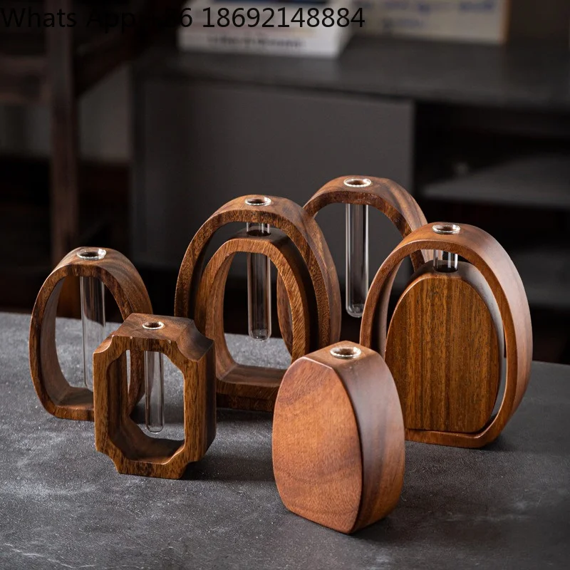 Walnut flower device plant flower arrangement Japanese solid wood glass desktop creative small ornament glass test tube vase