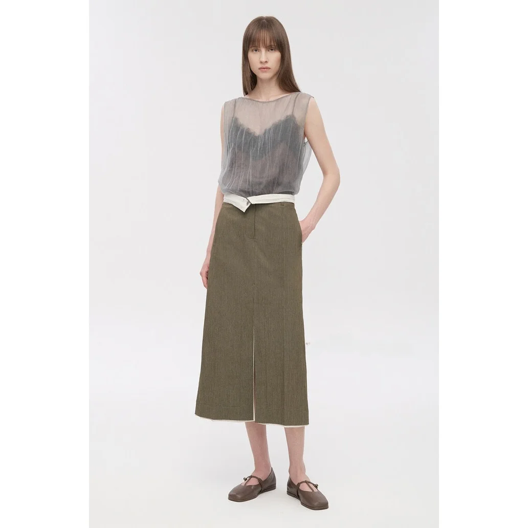 High Waist Midi Half Skirt with Drawstring Commute Stripe Splicing Slimming Women's Korean Style Fashionable Skirts