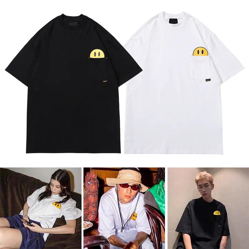 تي شيرت Drew House عالي الجودة مبتسم بأكمام قصيرة ملابس الشارع الأمريكية متعددة الاستخدامات وجيب كبير الحجم للجنسين 100% قطن