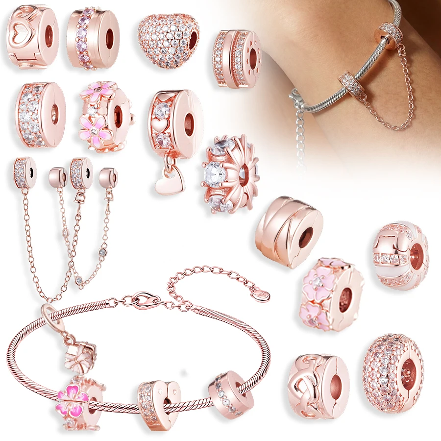 2026 NEW Rose Gold Sparkling Pink Flower Heart Crystal Clip Charm Pendant Bead Fit Original European Bracelet Women Jewelry Gift