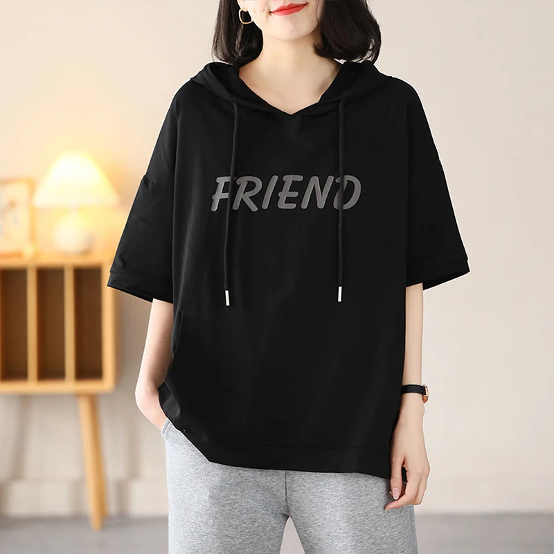 Fashion Loose Printed Letter Cartoon Hooded Sweatshirts Women Clothing 2024 Summer New Oversized Korean Tops Casual Sweatshirts