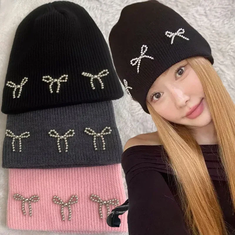 Korea Ins Bowknot Pearl Knitted Hats Angora Rabbit Fur Autumn Winter Hat Women Fluffy Warm Beanies Plush Thick Skullies Caps