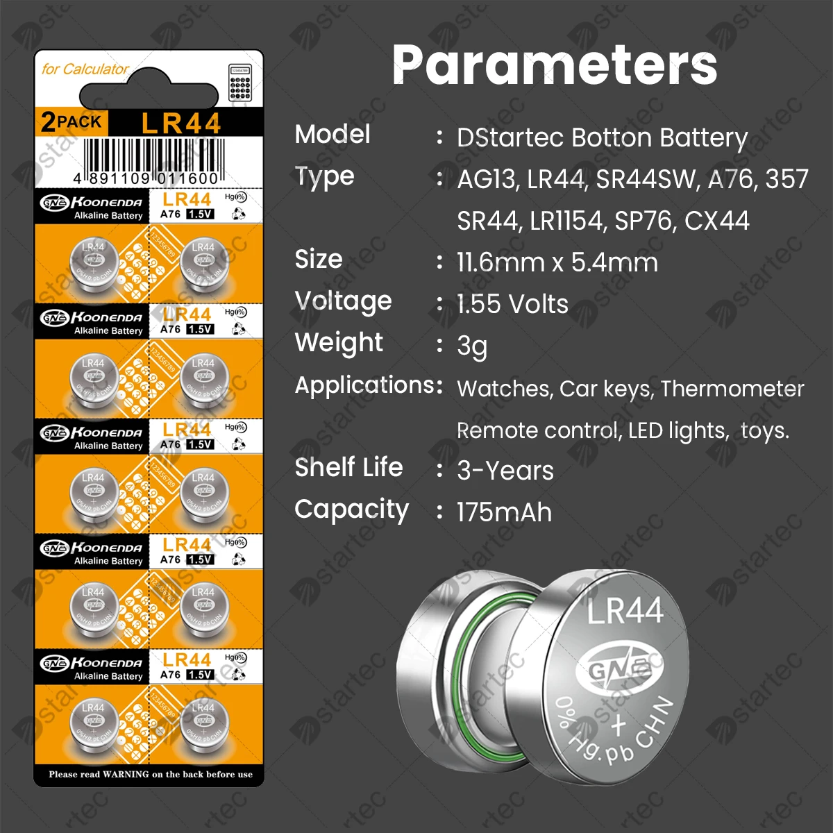 Koonenda 175mAh LR44 AG13 Alkaline Button Batteries, L1154F SR44SW 357 303 SR44 A76 G13 1.55V Coin Cell for Watch Clock Remote