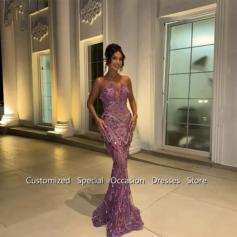 Sparkly Purple Prom Dresses For Girls Mermaid Sleeveless Charming Sequined Beading Long Birthday Evening Gowns Customized