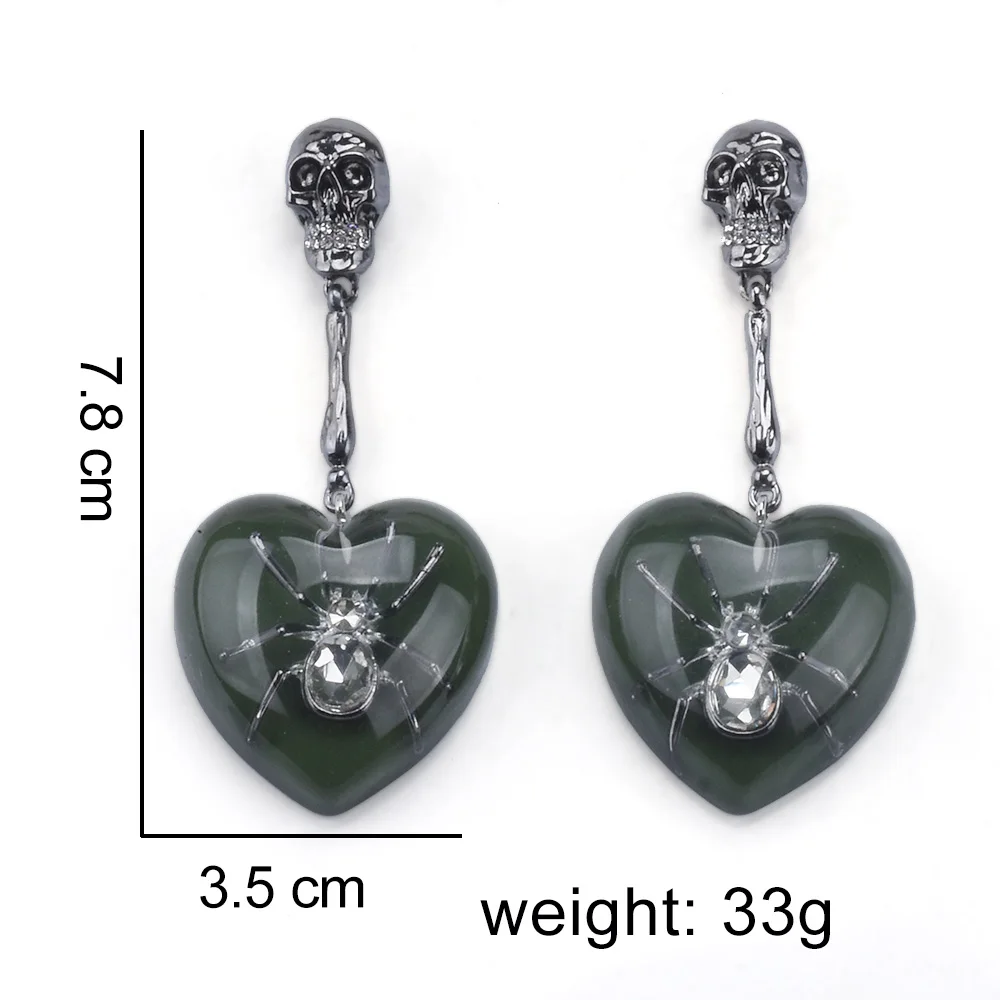 2025 New Wine Red Green White Heart Resin Spider Earrings Women Indian Statement Metal Skull Long Dangle Earrings Jewelry