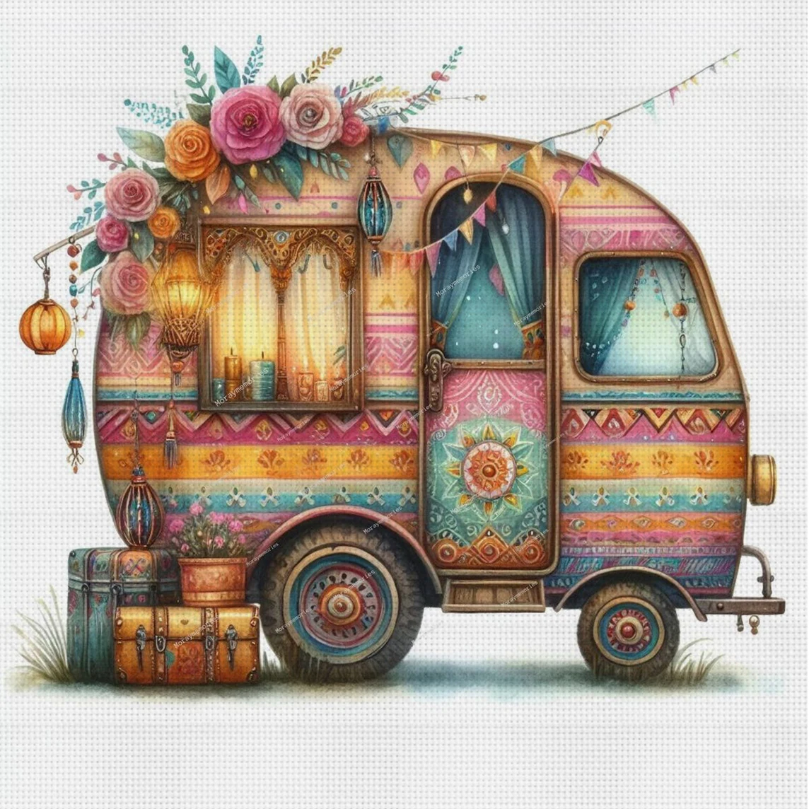 Hippie Camper Kreuzstich-Set zum Selbermachen, 11CT-Stickerei, Heimwanddekoration, Geschenk, handgefertigtes Material, rahmenlos, halbfertig, 36 x 36 cm