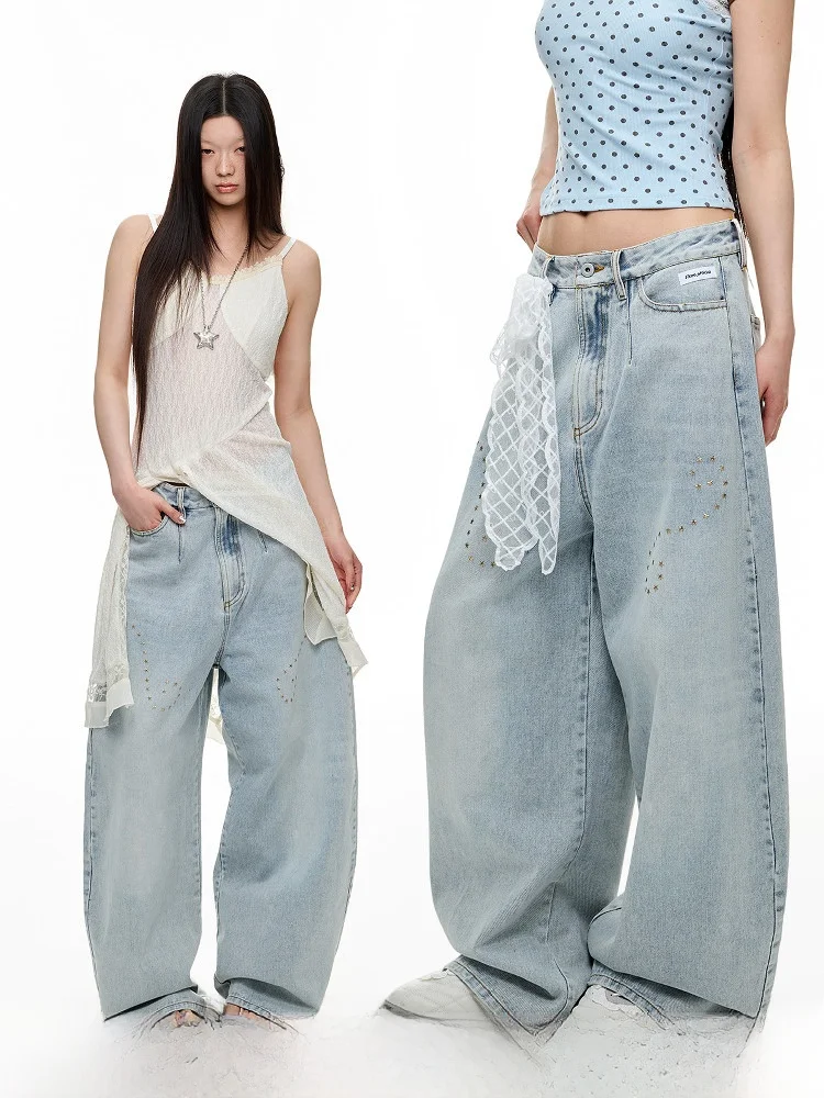 JIKOO カジュアル オールドスクール デニムジーンズ レディース ヘビー刺繍 ダイヤモンド ダッド スレ フェード加工 ワイドレッグ ストレート カジュアル ロングパンツ