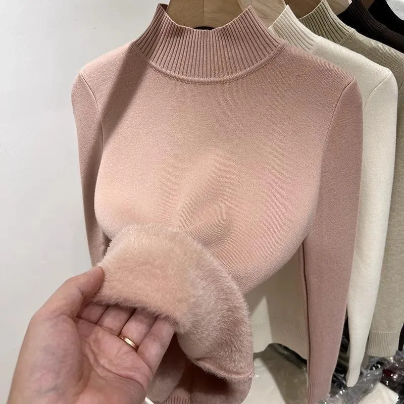 

Women's Mock Neck Fleece Sherpa Lined Sweater 2025 Winter Thermal Shirts Long Sleeve Mock Neck Slim Fitted Pullover Tops