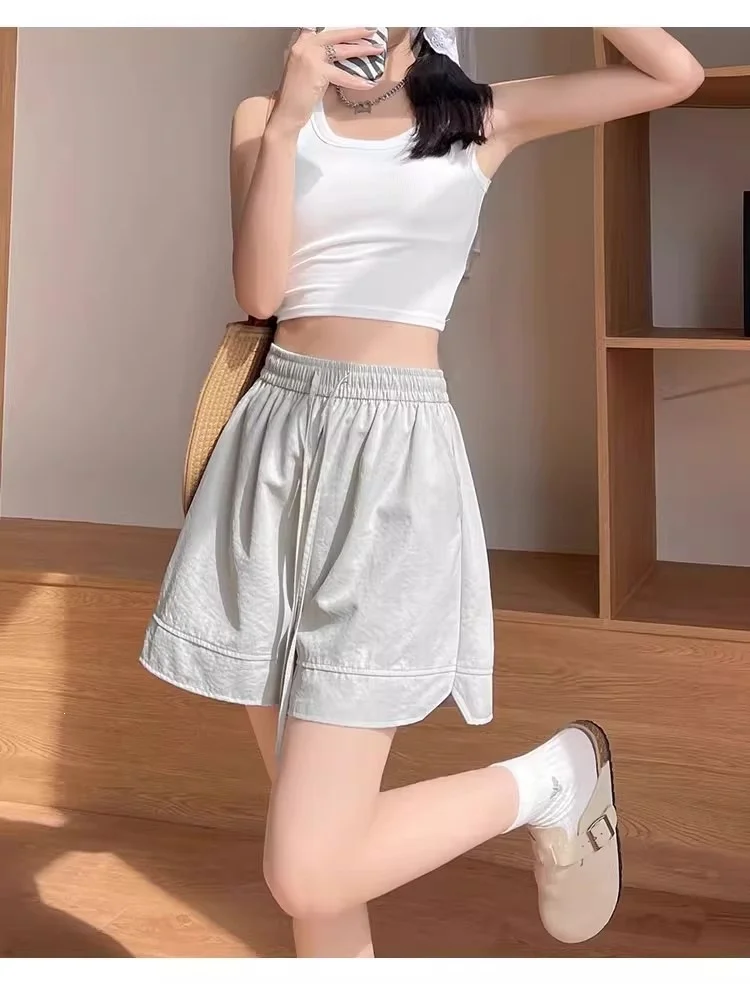 Vintage Workwear Casual Shorts for Women with Drawstring High Waist Slimming Loose Side Slit Wide Leg Pants