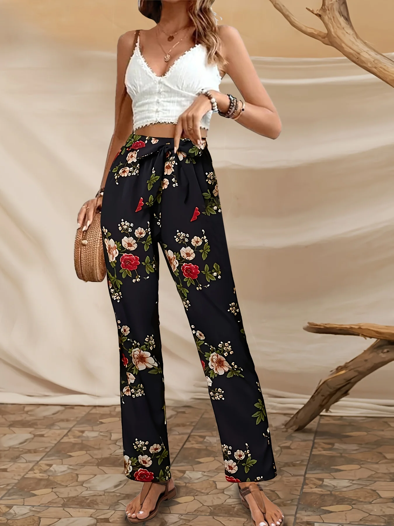 

Women's Printed Lace-Up Elastic Waist Casual Pants Elegant Straight Pants