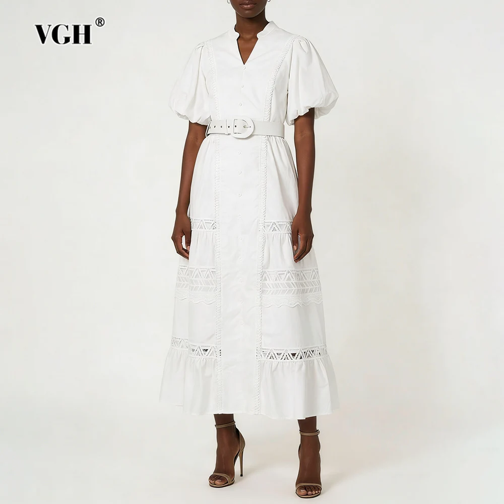

Винтажное повседневное длинное платье VGH для женщин, с V-образным вырезом, коротким рукавом, завышенной талией, с поясом, весеннее, элегантное, модное женское платье