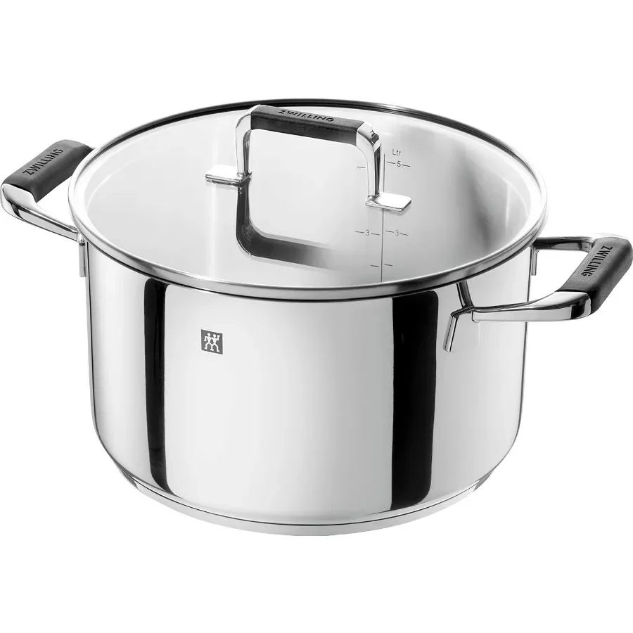 Suitable for Induction Cookers, Stainless Steel, with Glass Lid, with Silicone Handles, Silver,Cornelia Poletto 5-Piece Saucepan Set