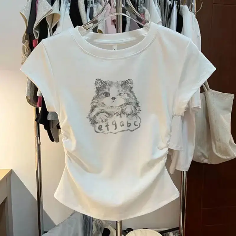 T-shirt con stampa gatto dolce estivo giapponese manica corta sottile pieghettato Y2k Crop Top Harajuku T-shirt carine Streetwear vestiti Kawaii Nuovo