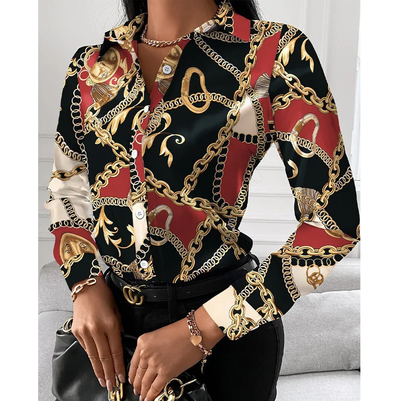 Women\'s Casual Button Long Sleeve Shirt, Patchwork Slim Tops, Elegant Blouse, Vintage Office Print Shirts, Summer Fashion, 2024