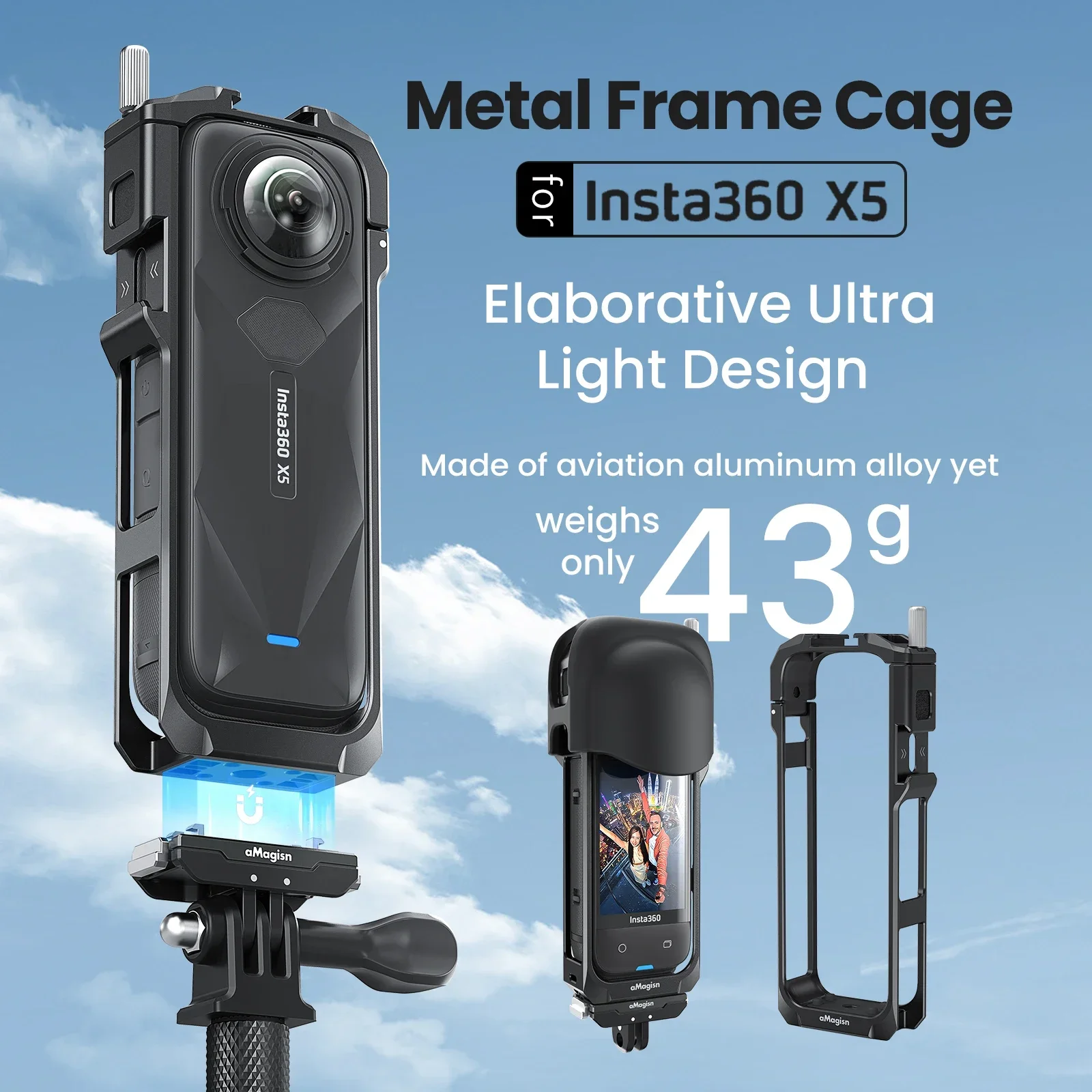 

for aMagisn Metal Frame Insta360 X5 Protect Cage Lens Cap Built-in Noise Reduce Foam Light Weight Shell for Insta 360 X5 Acces