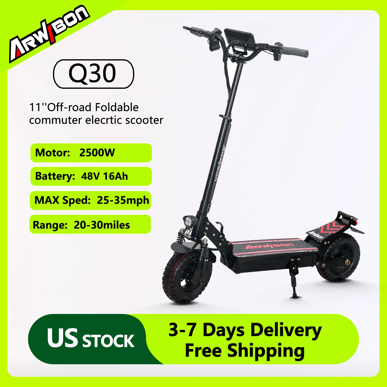 

Arwibon Q30 1-Step Folding Commuter Electric Scooter Adults, 2500W Motor Top Speed 30MPH,48V16AH,11" Off-Road Tires, Disc Brakes