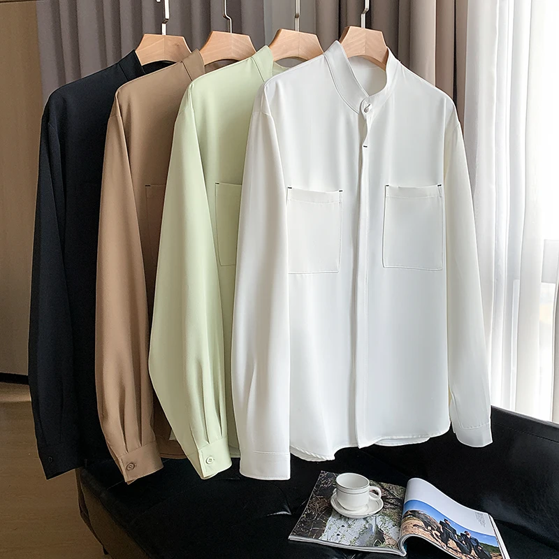 2026 Spring Round Neck Long Sleeved Shirt Men Solid Color Casual Business Dress Shirts Classic Double Pocket Decorative Shirt