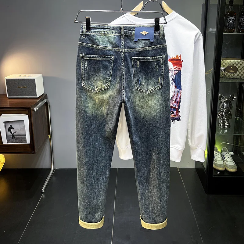 Jeans azul vintage masculino, angustiado, casual, stretch, slim fit, calças jeans, lavagem, tendências da moda, outono, inverno, novo, 2022