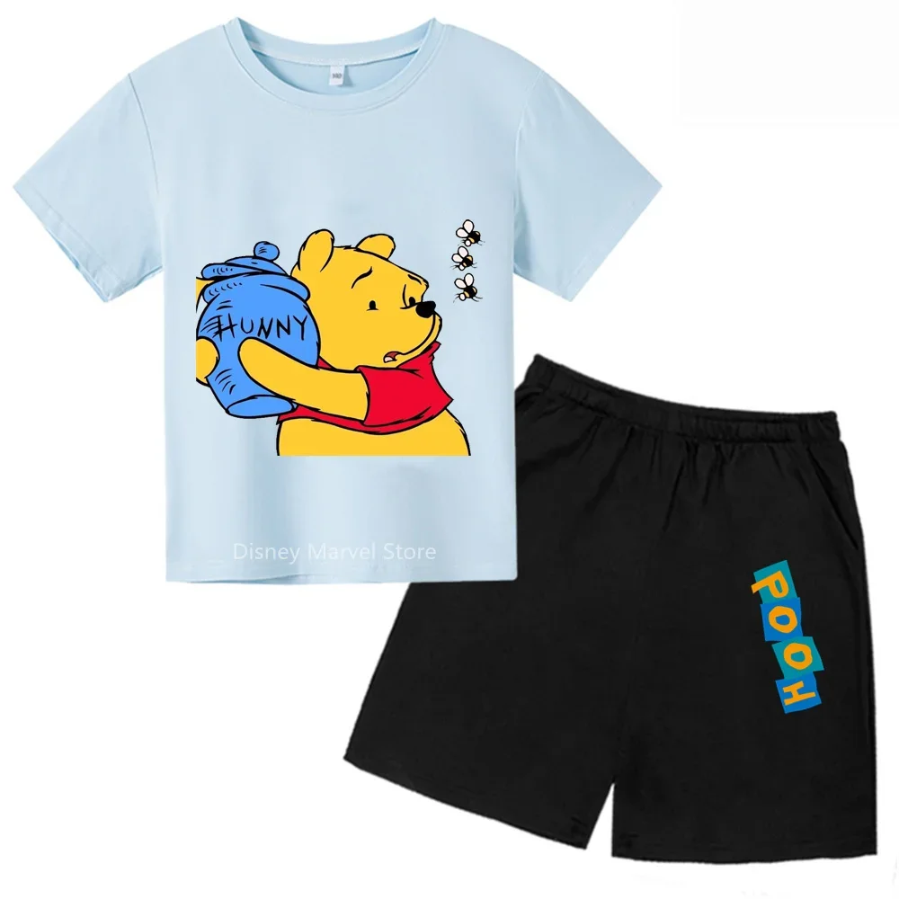 Winnie The Pooh cartoon Summer Boys & Girls T-Shirt & Shorts Age 3-14  Stylish Cartoon print t-shirt short 2pcs sets