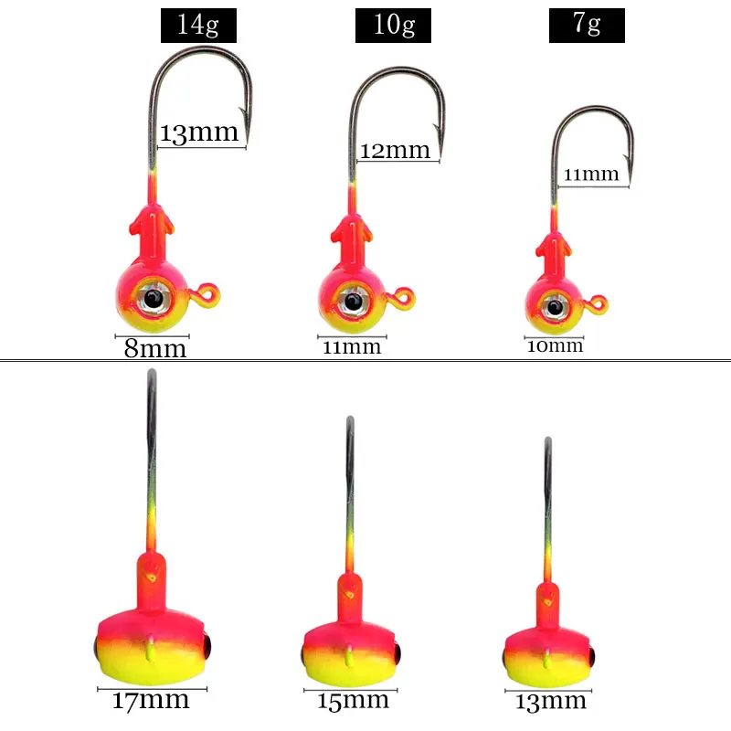 JYJ 3.5g/5g/7g/10g/14g colorful hammer shape jig head hook ,fishing hook jigging with big 3D eyes for soft lure bait