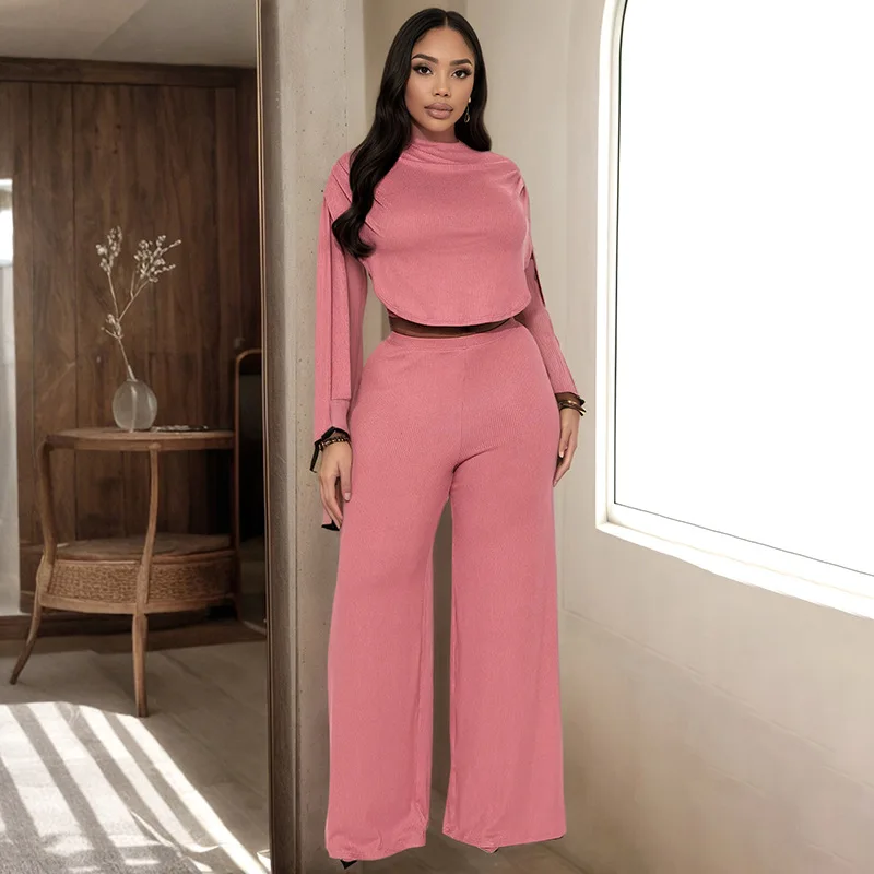 

Solid 2 Piece Set Women Elegant O Neck Shawl Sleeve Tops + Wide Leg Pants 2025 Autumn Casual Streetwear Suits Party Outfits