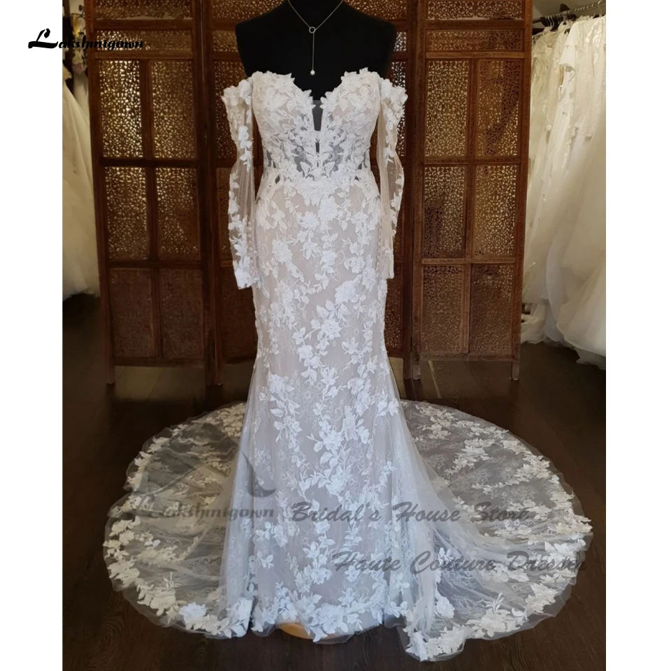 Lakshmigown-Vestidos de casamento sereia para mulheres árabes, ombro fora, sereia, sukienka, renda vintage, vestido nupcial boho, mangas compridas, novo, 2024