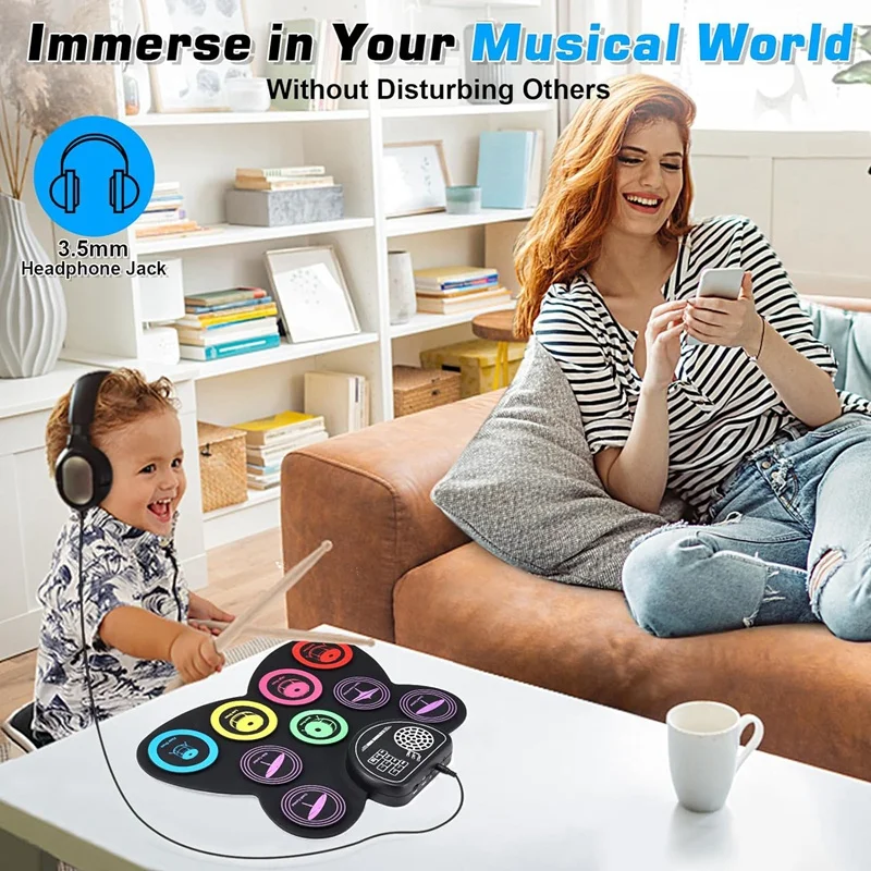 

Hand Roll Drum Set,9 Drum Pad With Headphone Jack,Electronic Drum Kit Built-In Speaker Drum Pedals Sticks,Gifts For Kids Durable