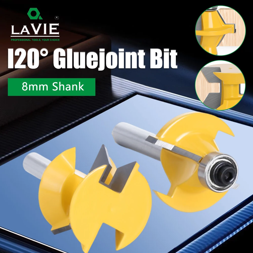 LAVIE 8mm Shank 120 Degree V Groove Router Bit, Wood Joinery Splicing Milling Cutter For Woodworking Box Joint Tool MC02120