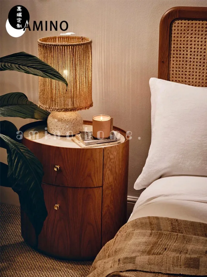 Oval bedside table bedroom locker marble retro style bedside storage cabinet