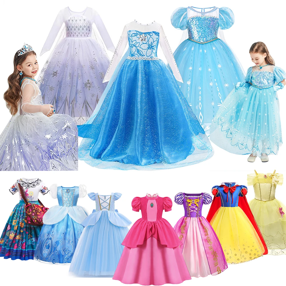 Disney Girl Costume Frozen Snow Queen Elsa Anna Princess Dress Peach Cinderella Cosplay Carnival Birthday Party Gowns Rapunzel