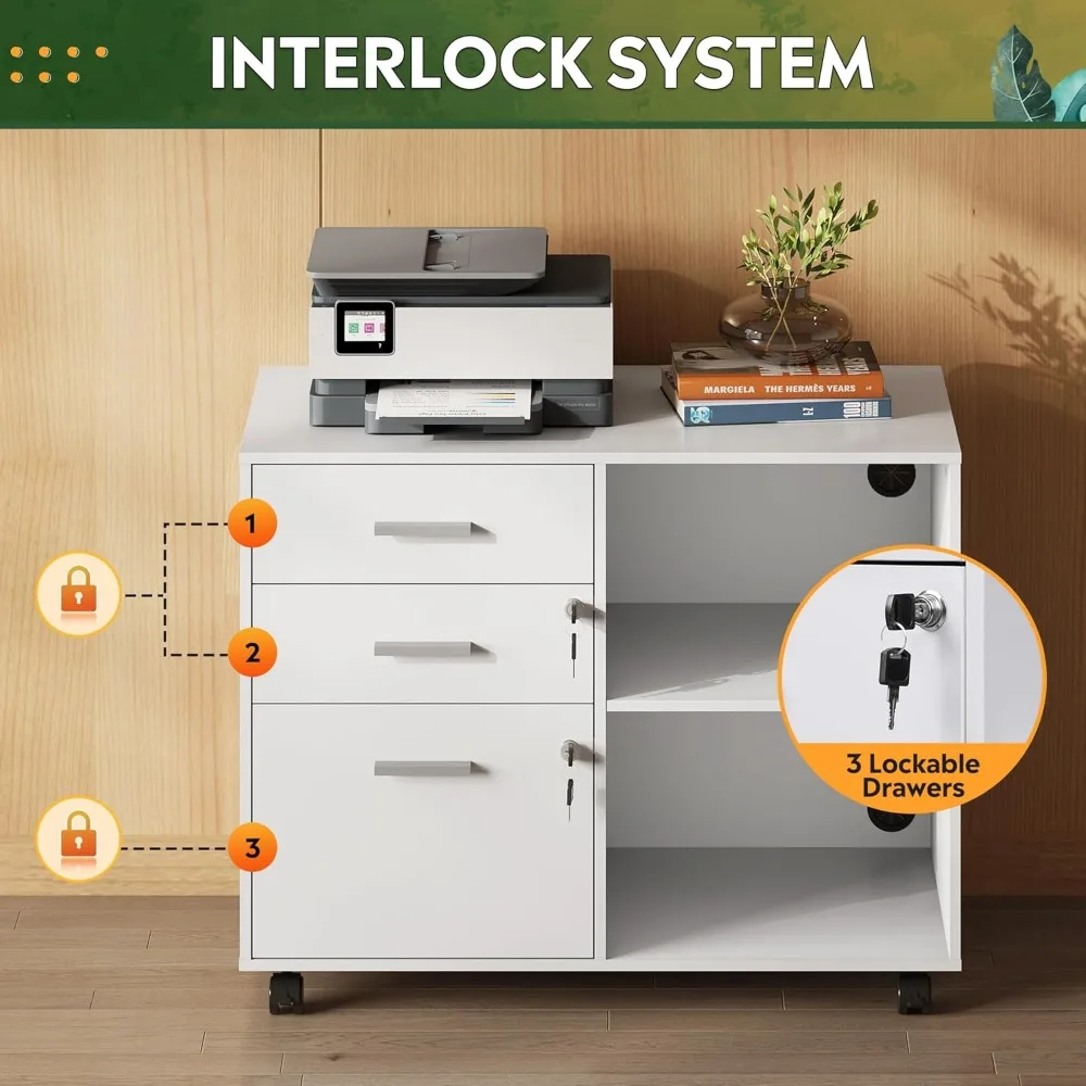 خزانة ملفات متنقلة بقفل خشبي ثلاثي الأدراج مع حامل طابعة وأرفف تخزين مفتوحة للاستخدام المنزلي والمكاتب
