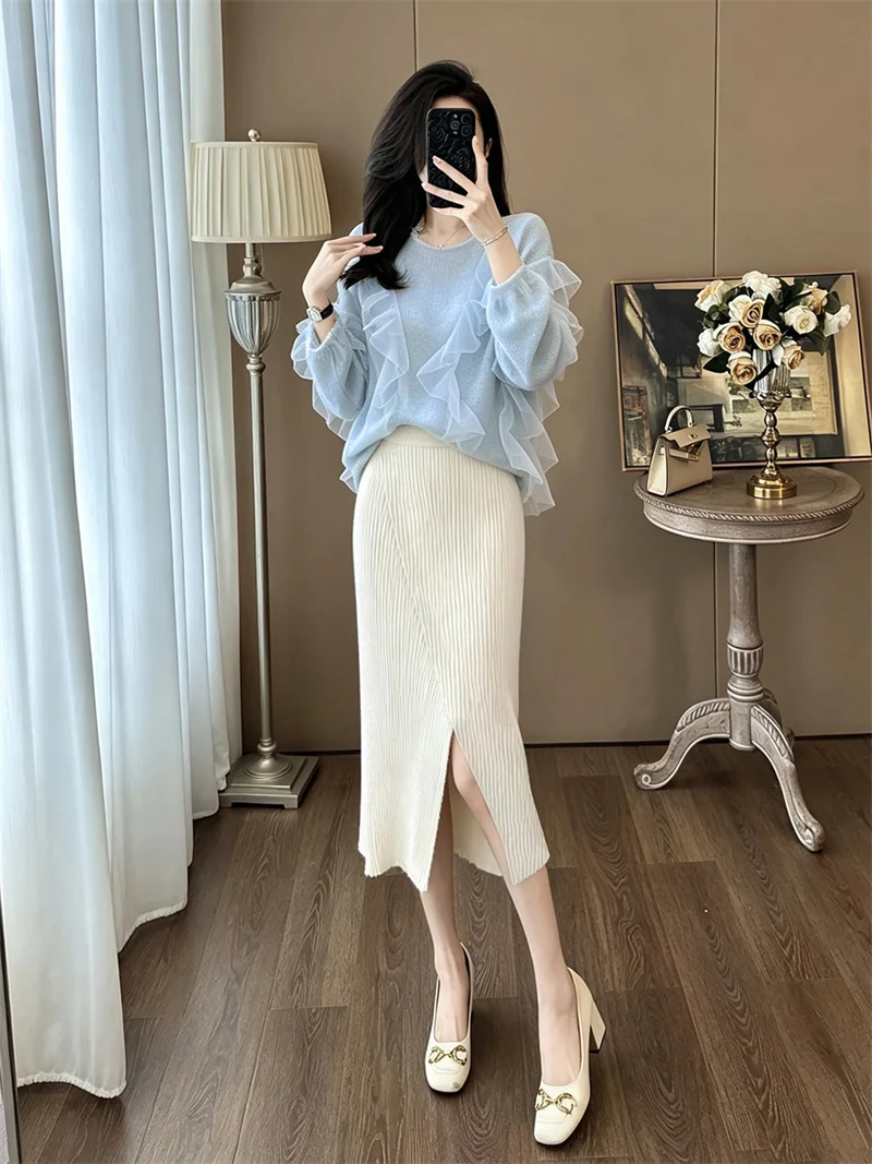 2026 Autumn Skirt Set Round Neck Mesh Wooden Ear Long Sleeve Knitted Top+High Waist Irregular Knitted Half Skirt Two Piece Set