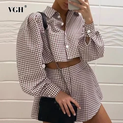 VGH Plaid Printing Two Piece Sets For Women Lapel Lantern Sleeve Short Shirts High Waist Wide Leg Shorts Casual Set Female New