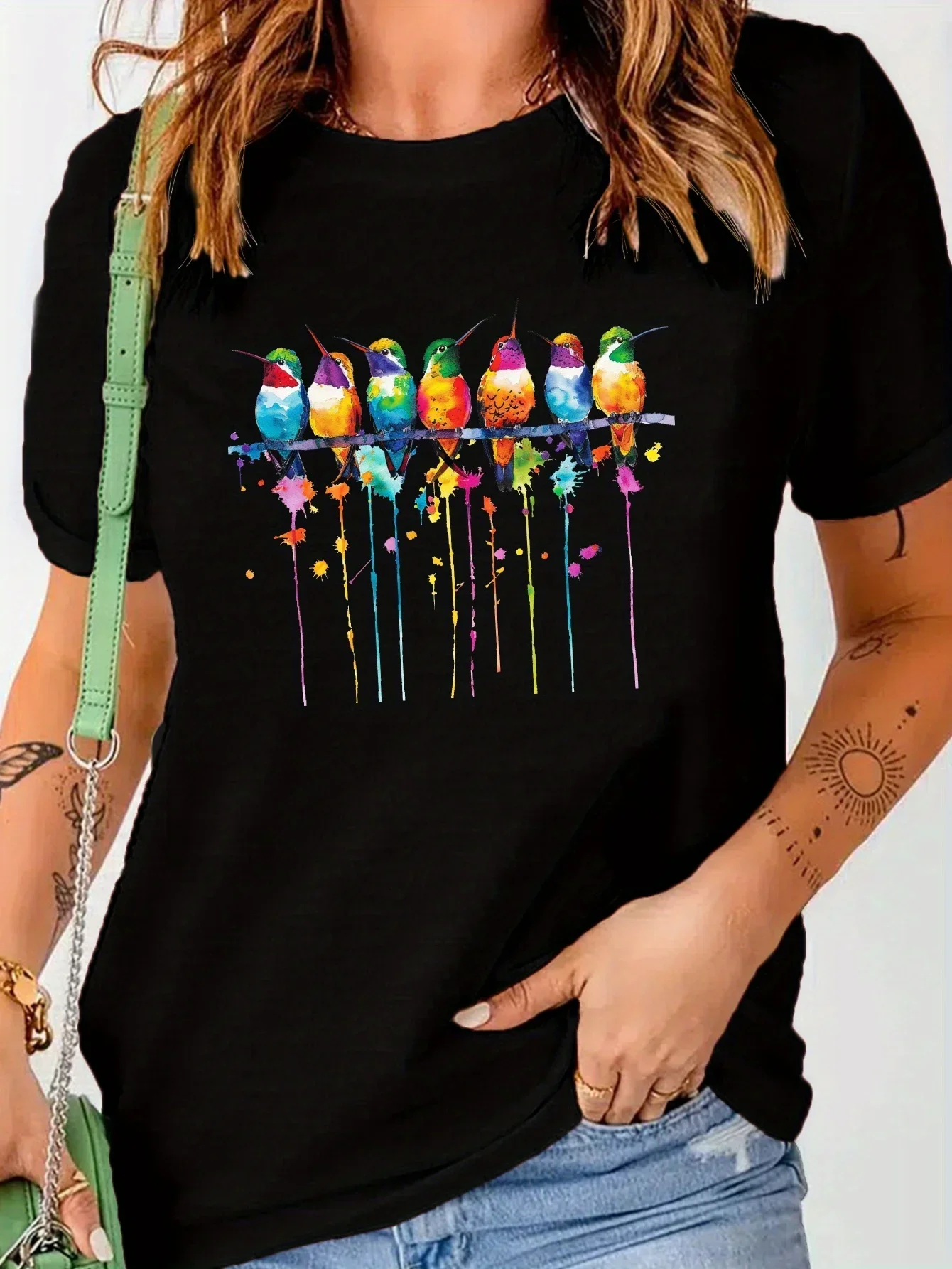 Funny Women Summer Fashion Colorful Bird Printed Tee Harajuku Casual Daily Short Sleeve Crew Neck Comfortable Fashion Women Tee