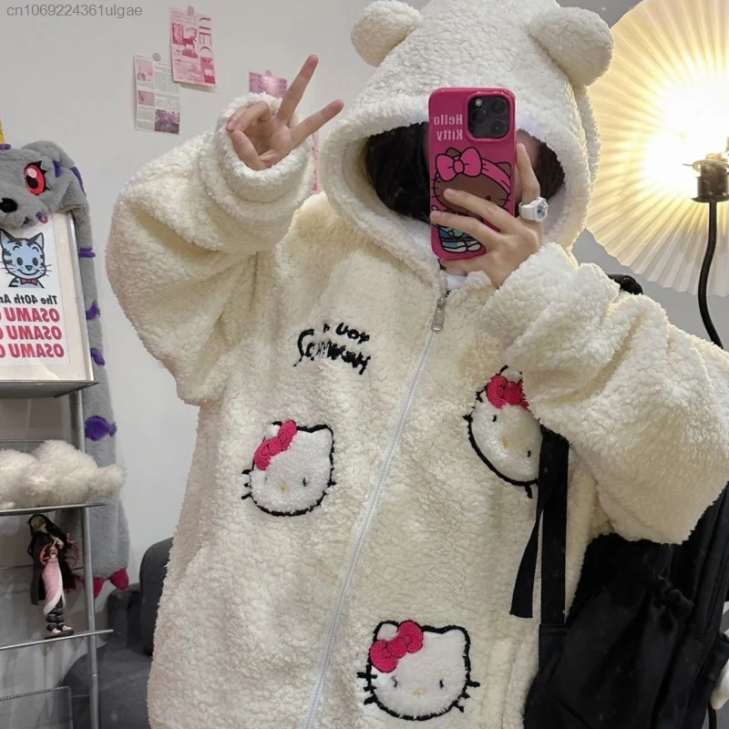 Sanrio Hello Kitty New Fashion Hoodies Cartoon Cute Plush Autumn Jacket Women Loose Zipper Cardigan Shirts Y2k Top Coat Kawaii