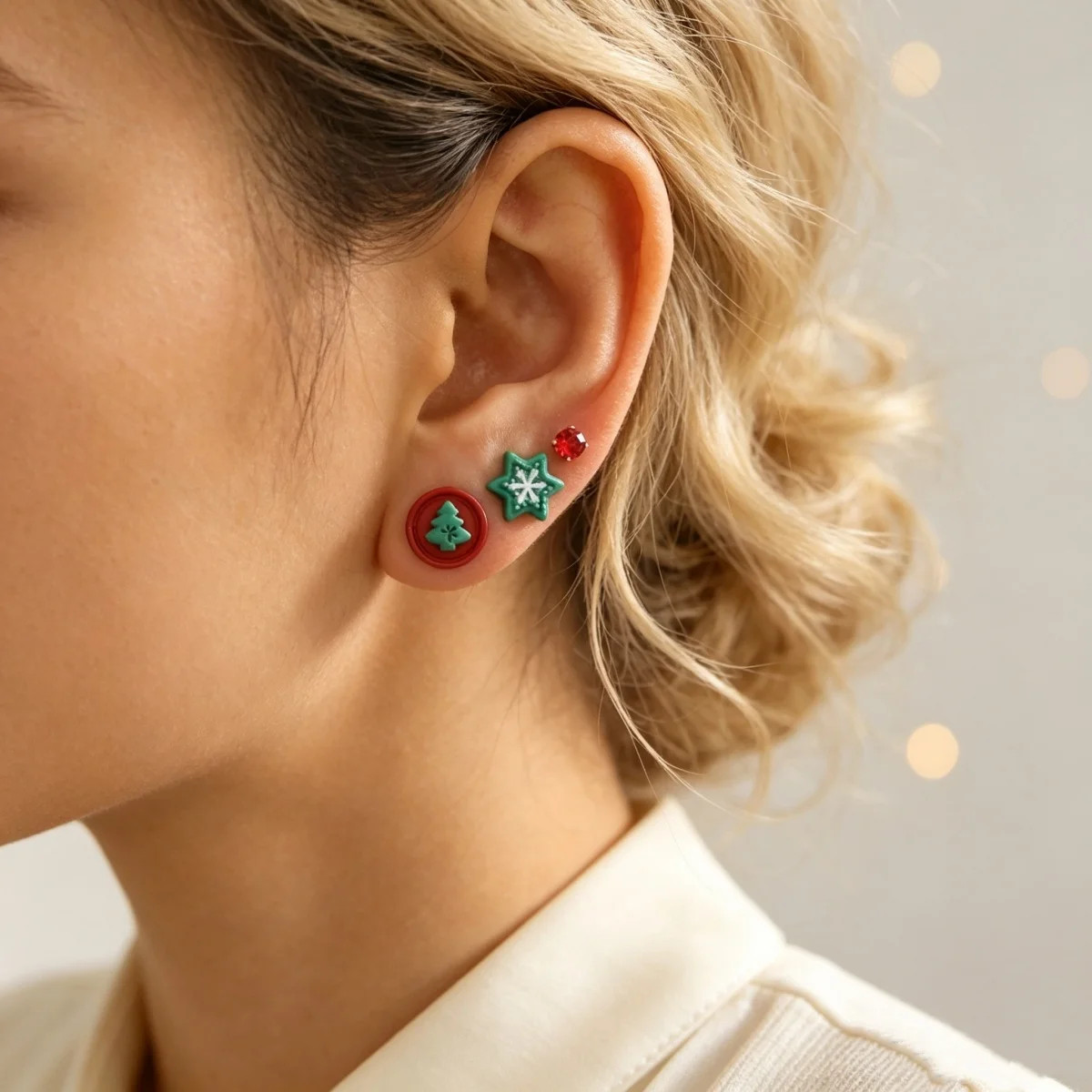 3 Paar/Set zierliche Strass-Kranz-Socken-Ohrringe für Damen, Weihnachts-Ohrstecker aus Kunstharz mit grünem Stern, Schneeflocke und Weihnachtsbaum, Schmuck – Detail 7