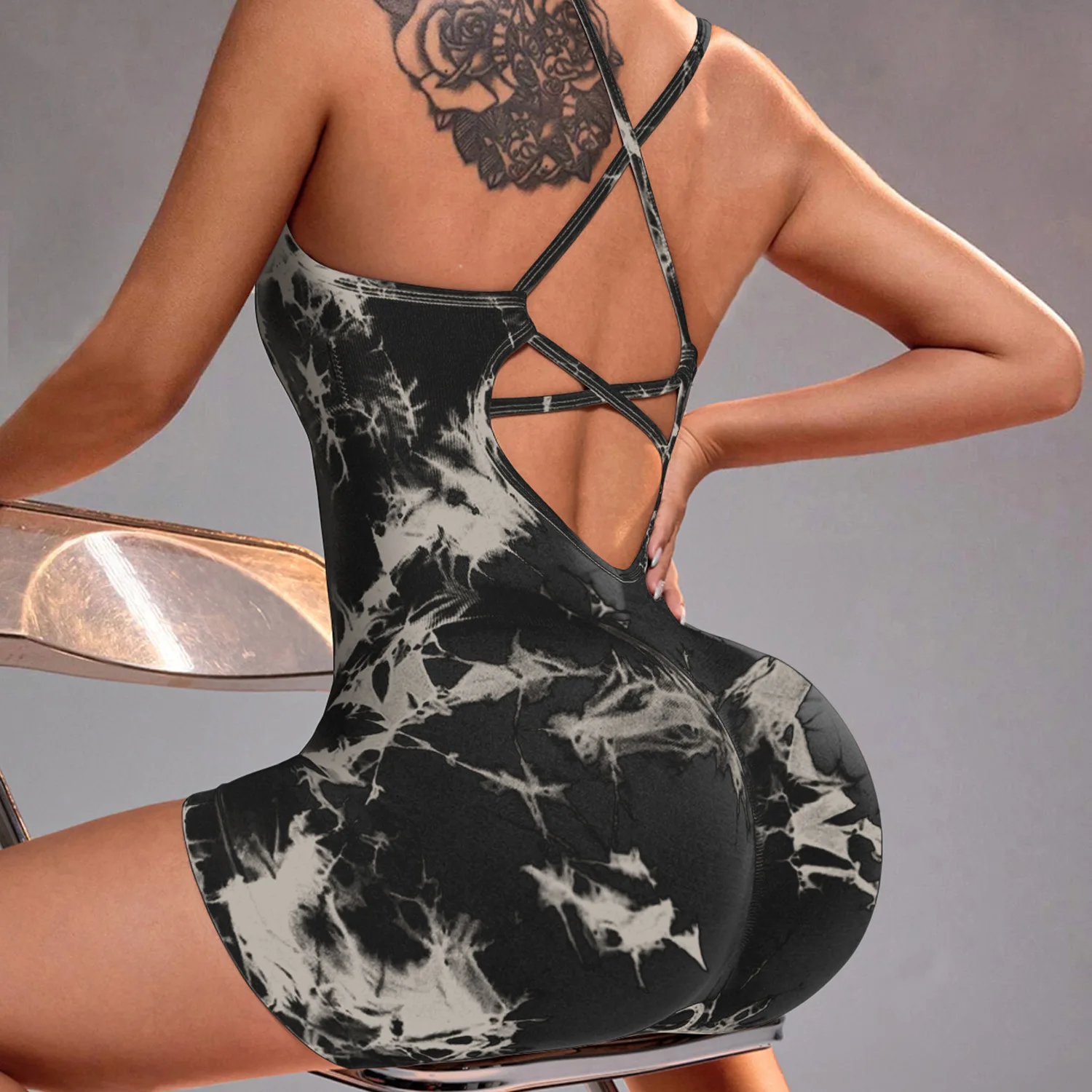 Tie Dye Yoga Bodysuit for Women - Seamless No Visible Panty Line Strappy Dance Leotard, High Cut Workout Unitard for Gym Fitness