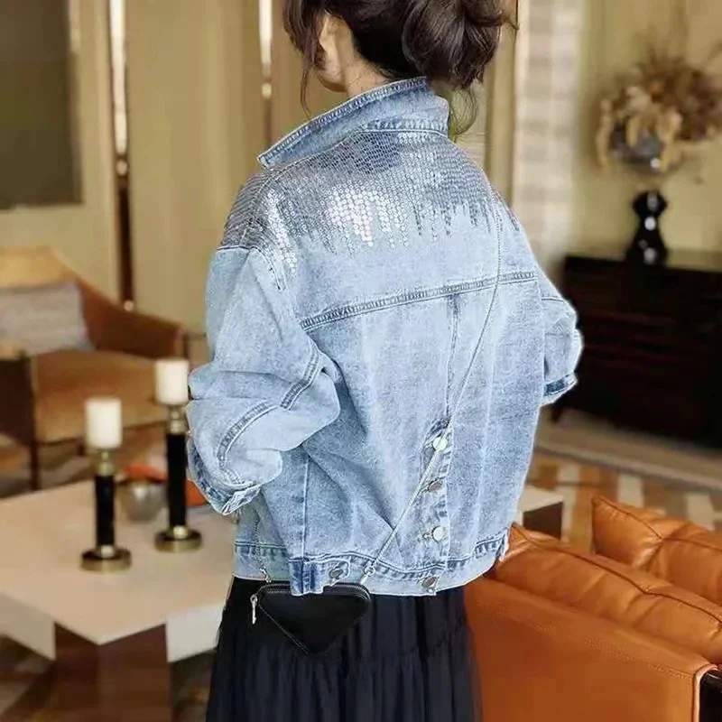 Short Sequins Denim Jacket Women Vintage Back Buttons Loose Girls Coats Retro Clothes Woman Jean Jackets