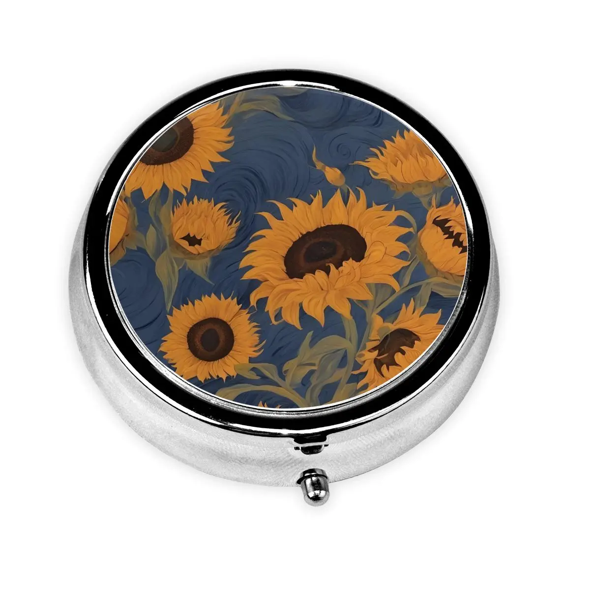 

Vincent Van Gogh Painting Travel Round Pill Organizer Sunflower Oil Painting Medicine Box Pill Box Splitters Storage Box