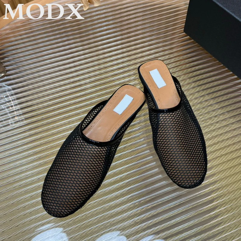 French High Quality Niche Slippers Brand New Mesh Sheepskin Closed Toe Flat Half Slippers Hollow Women\'s Summer Outdoor Sandals