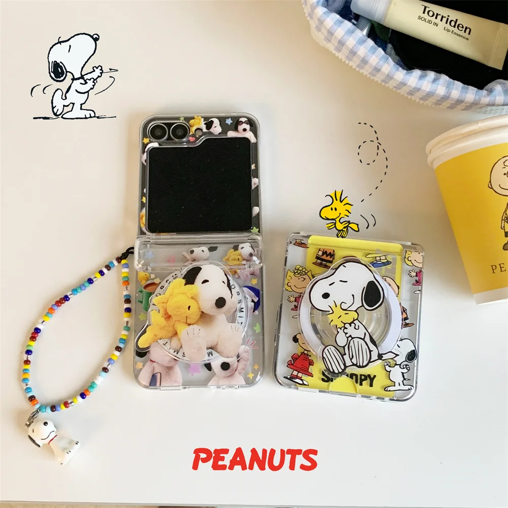 

Kawaii Snoopy Cartoon Phone Case with Card Slot For Samsung Galaxy ZFlip7 ZFlip6 flip5 4 3 Cover For Magsafe Stand with chain Ca