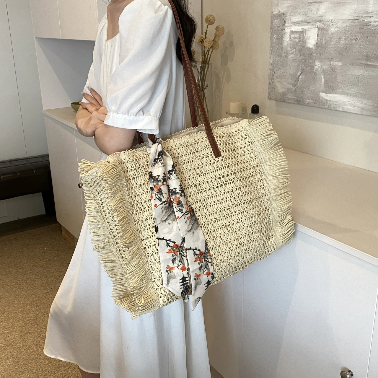 Fashion Tassel Shoulder Bag Female Designer Beach Bag Handmade Straw Woven Handbag Large Capacity Summer Travel Bag Tote Khaki