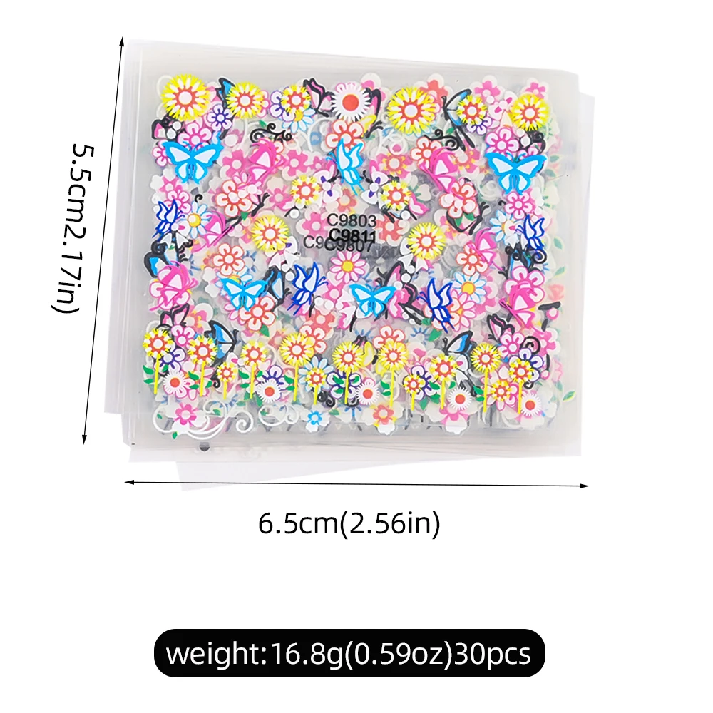 30 stuks kleurrijke vlinder/bloemen nail art stickers 5.5. *6,5 cm goud/zilver bloemen zelfklevende schuifregelaar schattige bloem manicure sticker