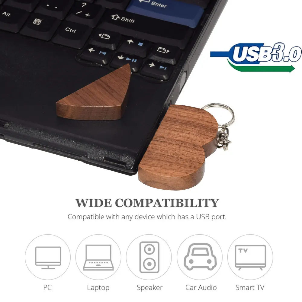 Wooden Heart High-speed USB 3.0 Flash Drive Memory Stick 8gb 16gb 32gb 64GB 128GB Pen Drive Free Key Chain Photography Gift