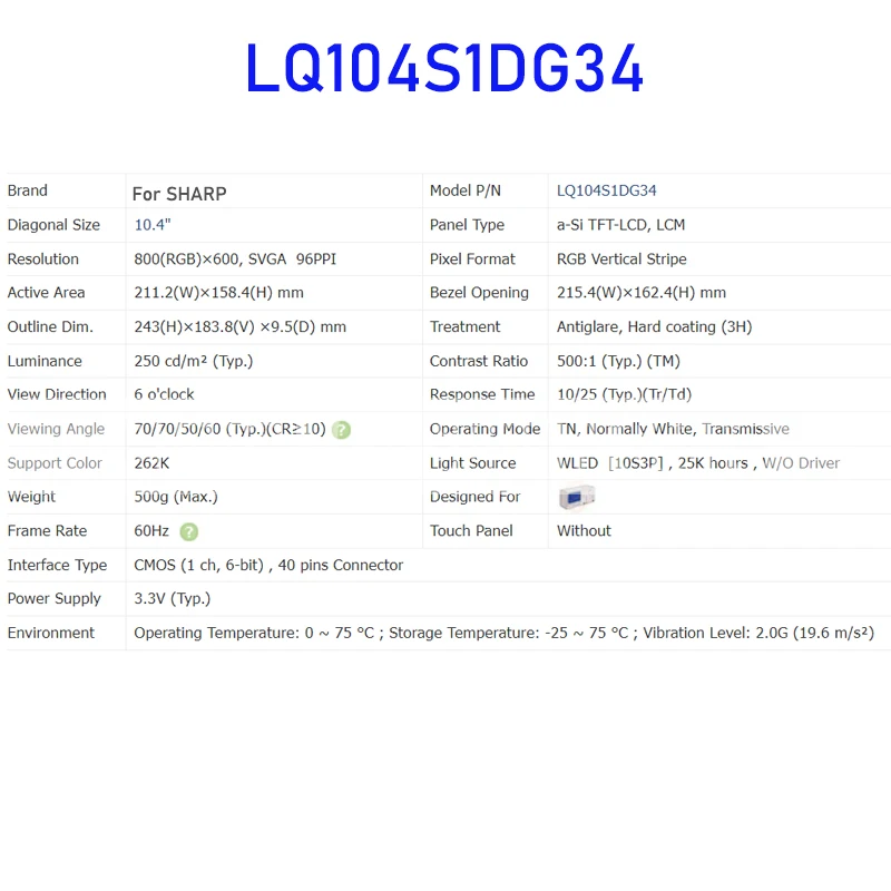 LQ104S1DG34 10.4 Inch LCD Display Screen Panel Original for Sharp 40 Pins Connector Brand New 100% Tested