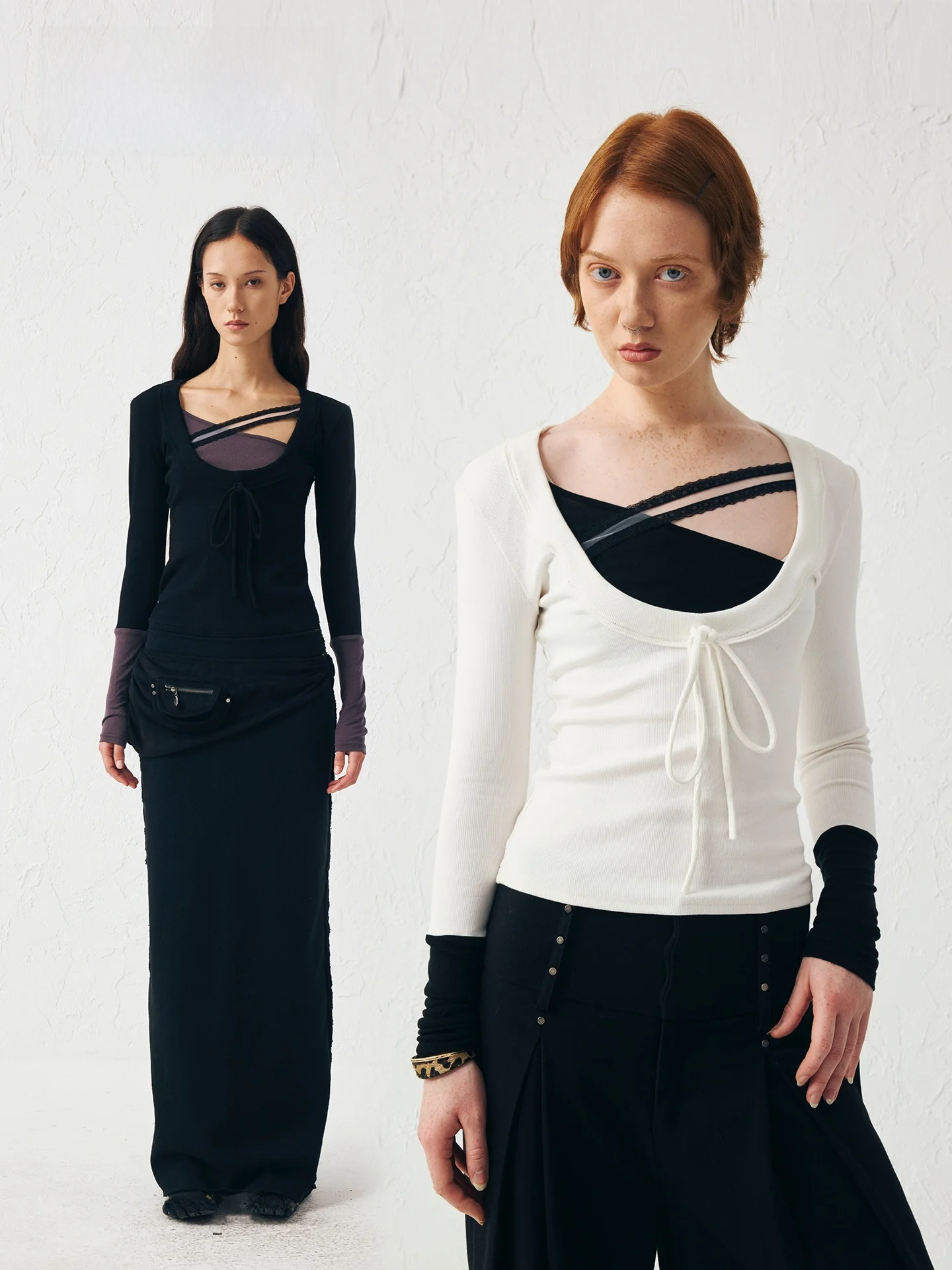 

High River25AW Large U-Ne Color Blo Lace Long Sve Double Color Base Layer Women's Slim Fit Cotton T-irt Cleanfit Sle