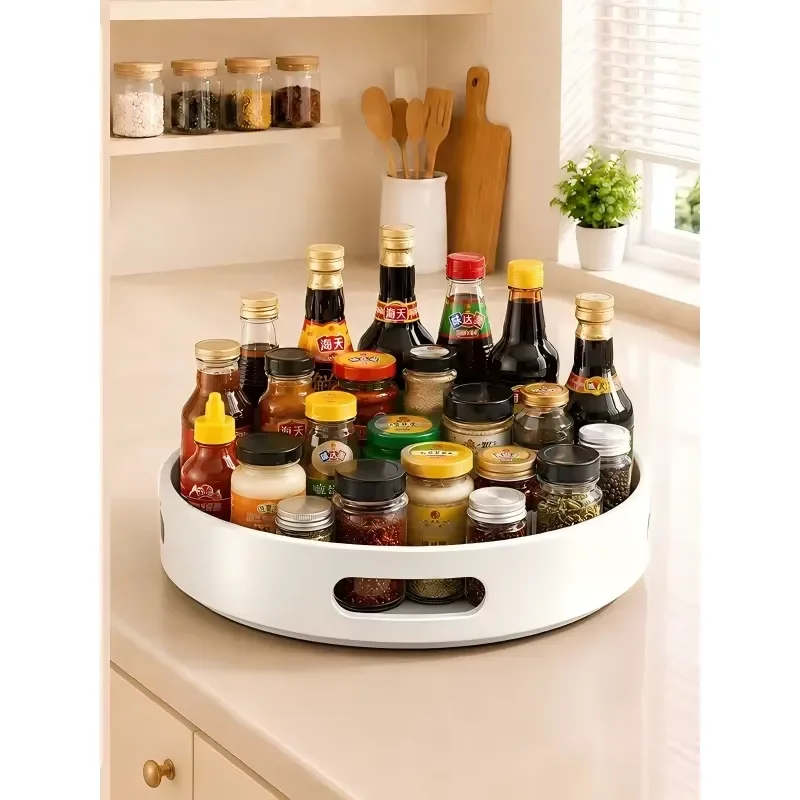 360 Degree Rotating Single Layer Iron Kitchen Seasoning Storage Rack Powder Coated Spice Bottle Organizer Tray