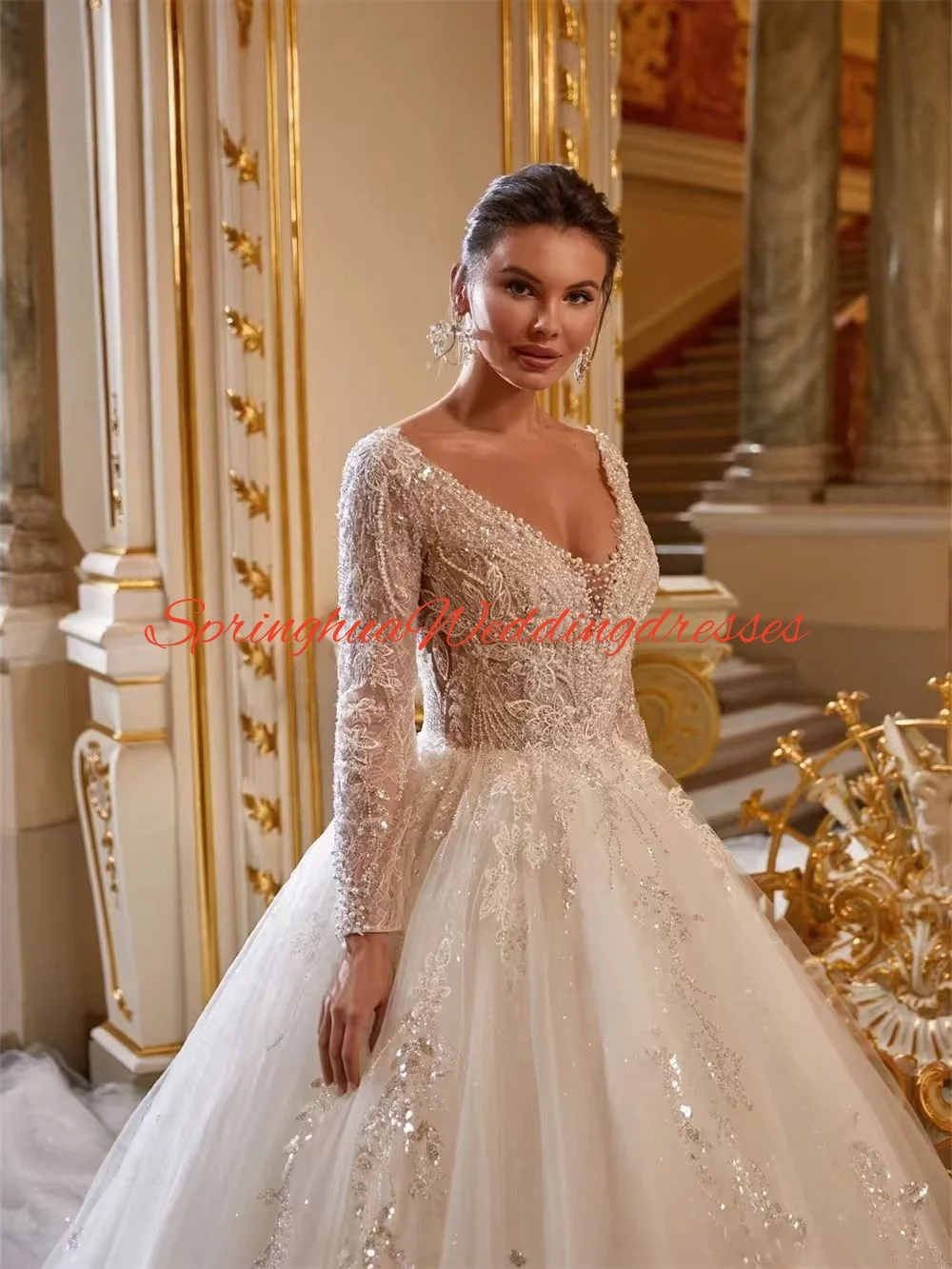 Customized Long Sleeve Wedding Dress  Mesmerizing V Neck Bridal Dress Bridal Gown For Wedding Party
