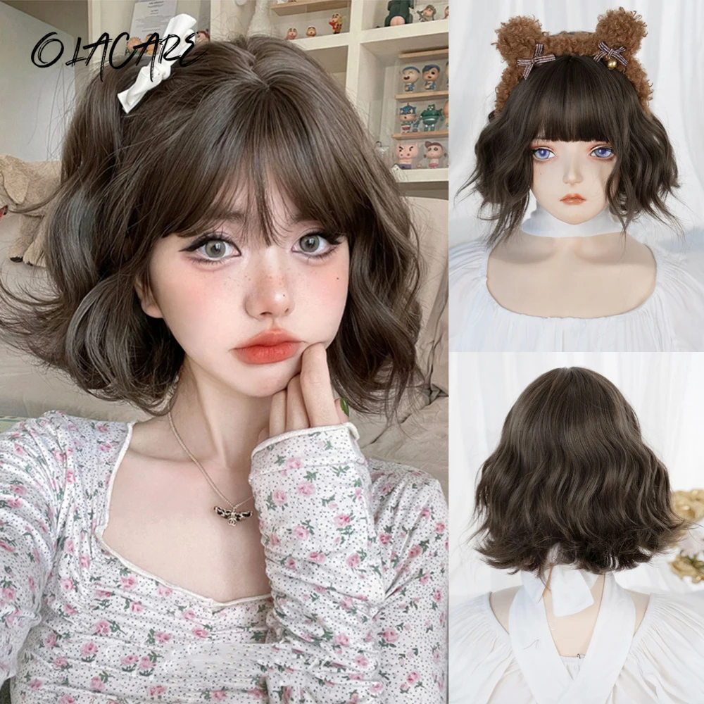 OLACARE Short Curly Wavy Bob Black Synthetic Wig With Fringe Ladies High Temperature Silk Wig Christmas Party Cosplay Daily