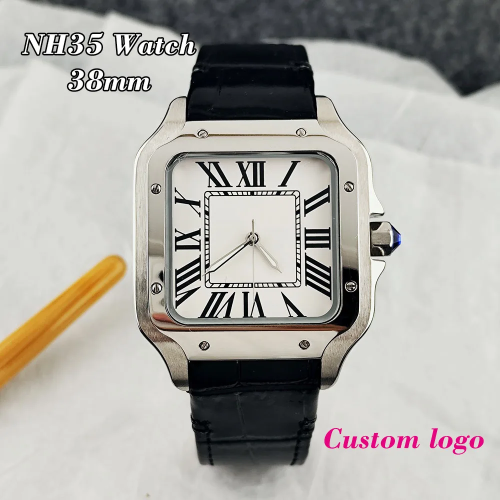 NH35 Watch 38mm Customized Logo Watch Stainless Steel Watch Men's Automatic Watch Black Leather Strap NH35 Movement Watch